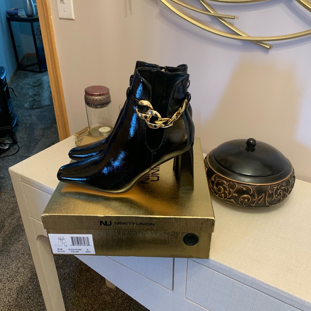 Ninety Union Black Heeled Boots with Gold Chain